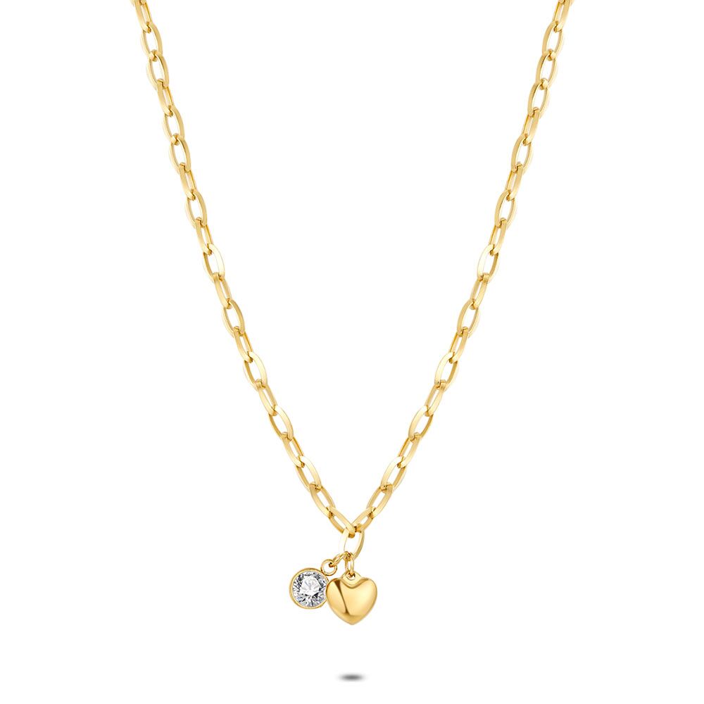 Gold Coloured Stainless Steel Necklace, Oval Links, 1 Heart, 1 Crystal