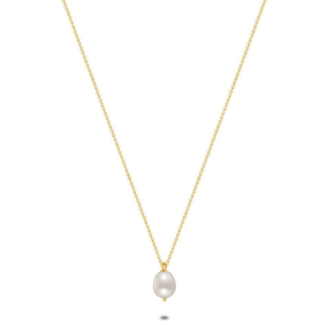 Gold Coloured Stainless Steel Necklace, Oval Pearl