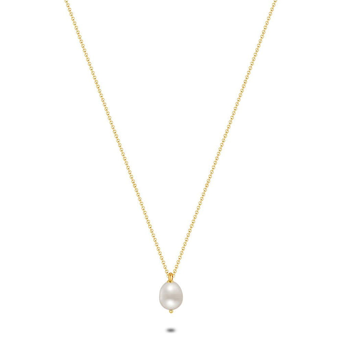 Gold Coloured Stainless Steel Necklace, Oval Pearl