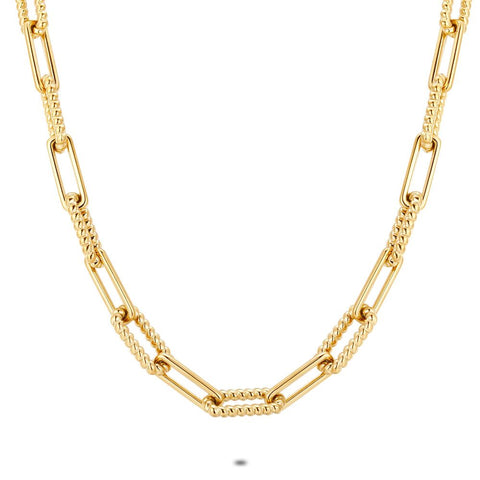 Gold Coloured Stainless Steel Necklace, Oval Links, Plain And Twisted