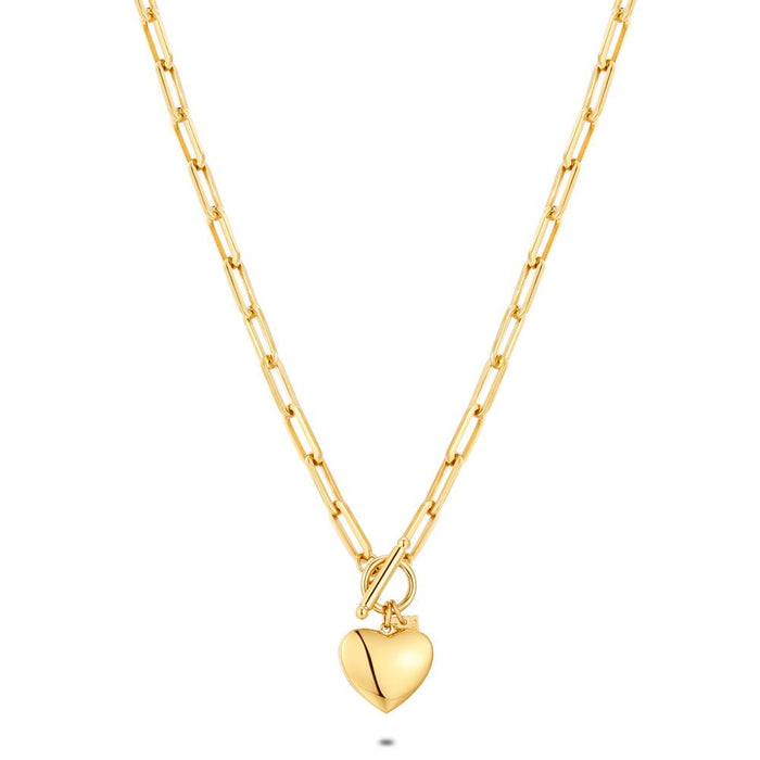 Gold Coloured Stainless Steel Necklace, Oval Chain With Heart Pendant