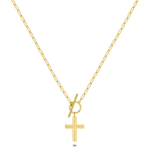 Gold Coloured Stainless Steel Necklace, Striped Cross