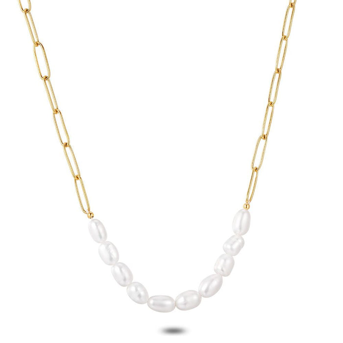 Gold Coloured Stainless Steel Necklace, Oval Links, 10 Freshwater Pearls