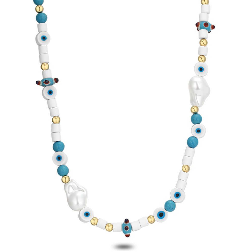 High Fashion Necklace, Blue Fiimo Pearls, Eyes