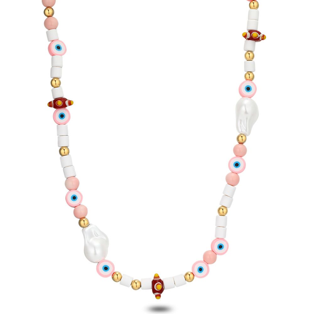 High Fashion Necklace, Pink Fimo Pearls + Eye