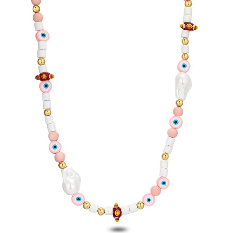 High Fashion Necklace, Pink Fimo Pearls + Eye