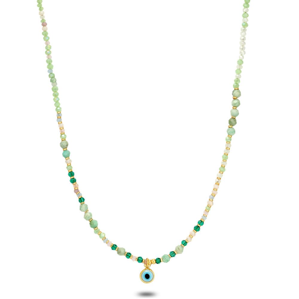 High Fashion Necklace, Green And White Stones, Eye