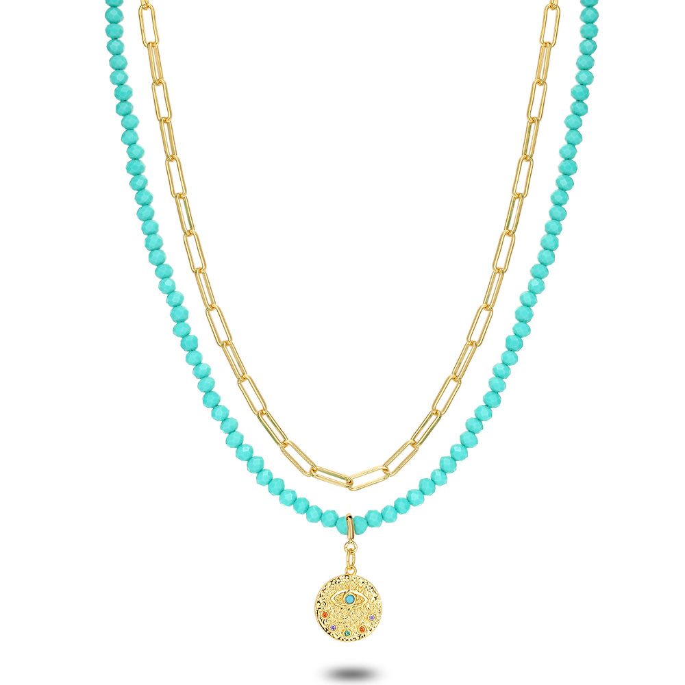 High Fashion Necklace, Double Chain, Round With Eye, Turquoise