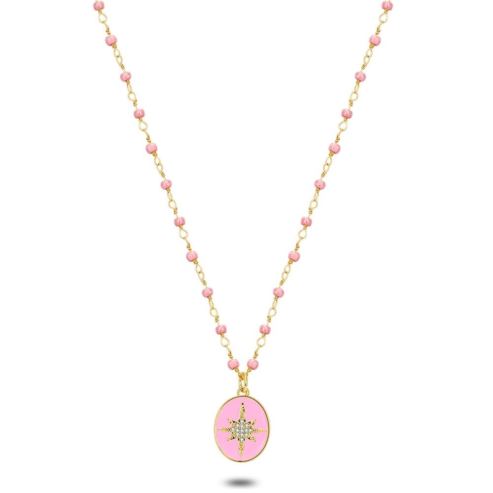 High Fashion Necklace, Pink Oval With Star, Pink Beads
