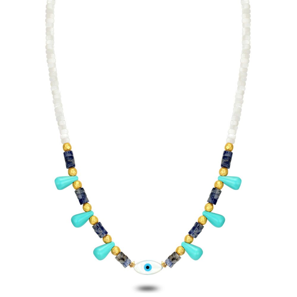 High Fashion Necklace, Turquoise Drops, Eye, White Stones