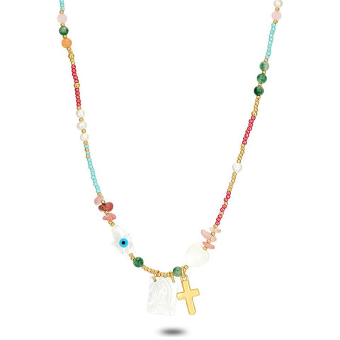 High Fashion Necklace, Multicoloured Beads, Heart, Cross, Hand