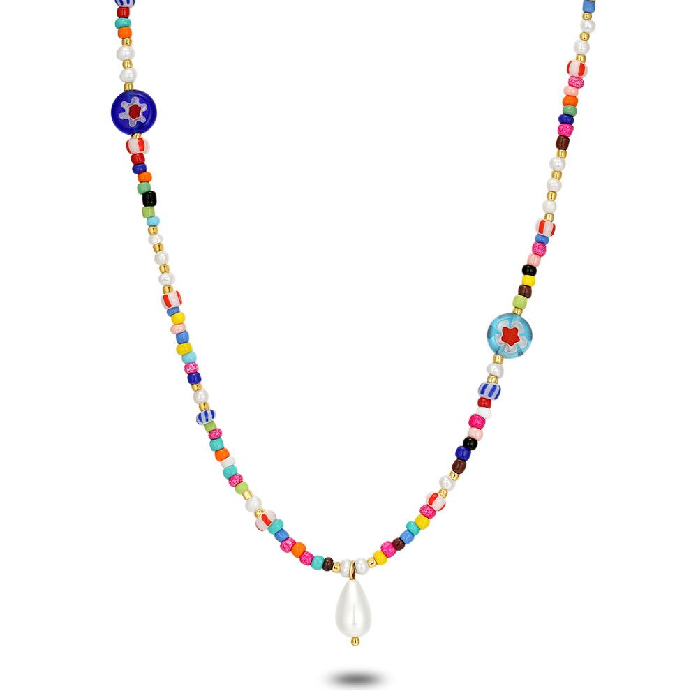 High Fashion Necklace, Multicoloured Glass Beads, Drop