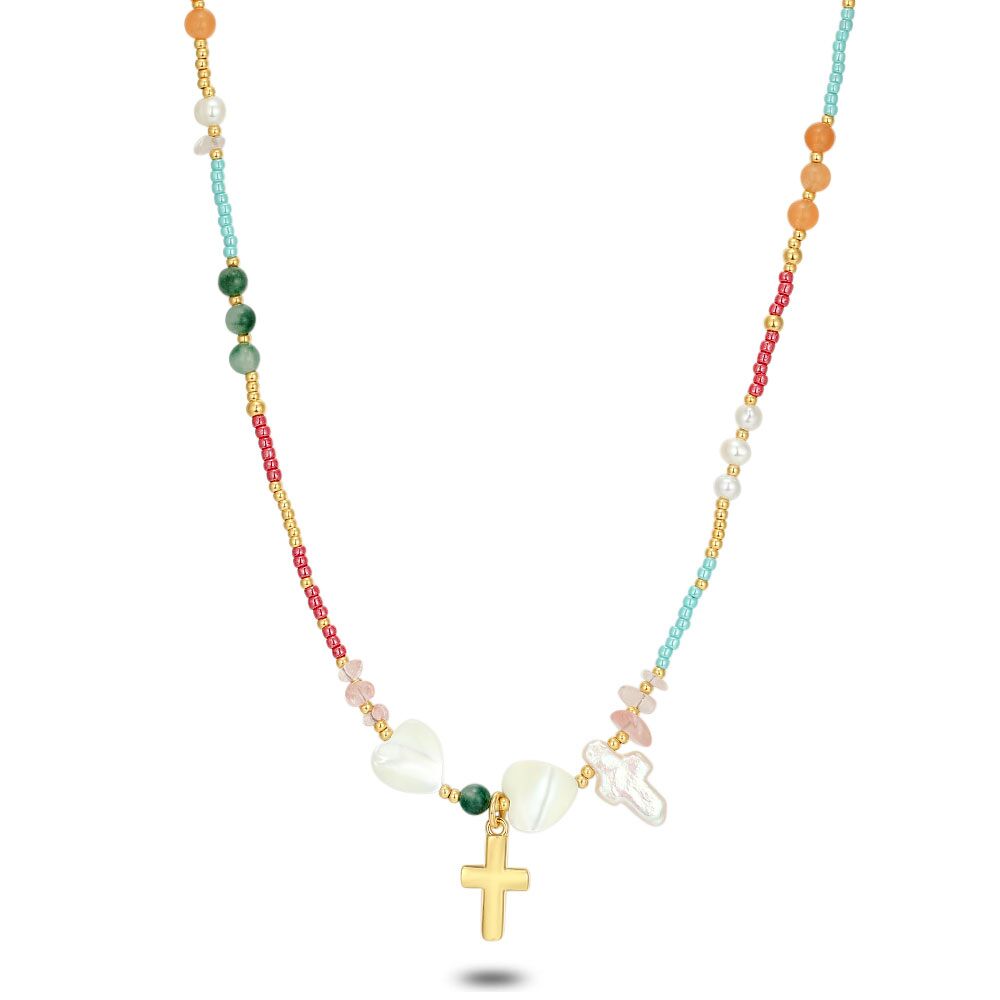 High Fashion Necklace, Multicoloured Stones, Cross And Hearts