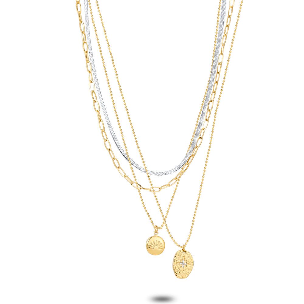 Gold Coloured Stainless Steel Necklace, 4 Chains, Sun And Star