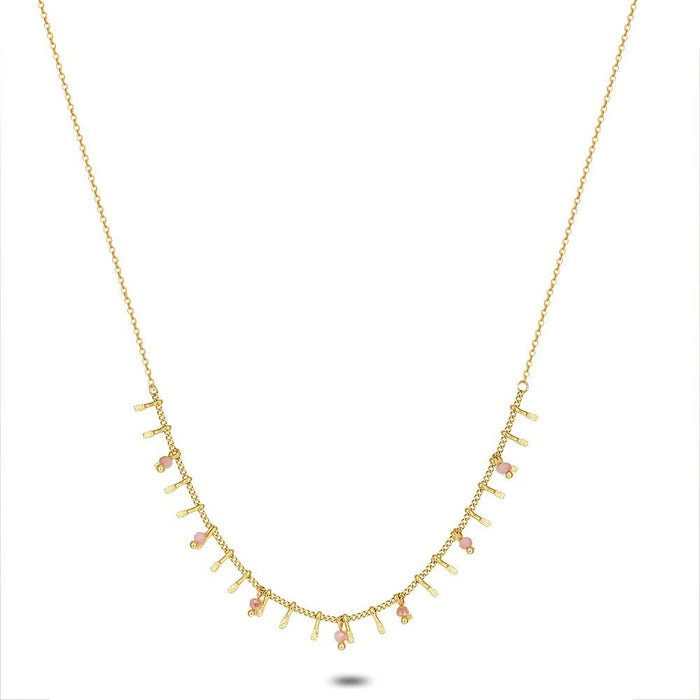 Gold Coloured Stainless Steel Necklace, 8 Pink Crystals