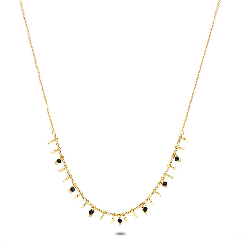 Gold Coloured Stainless Steel Necklace, 8 Black Crystals