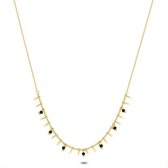 Gold Coloured Stainless Steel Necklace, 8 Black Crystals