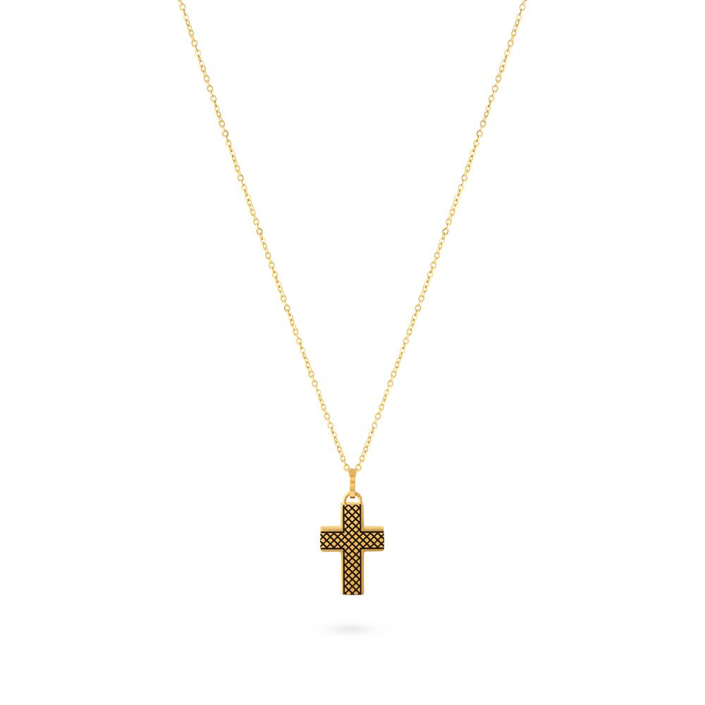 Gold Coloured Stainless Steel Necklace, Cross With Checked Detail