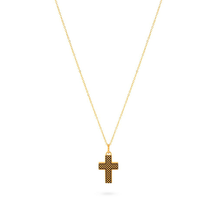 Gold Coloured Stainless Steel Necklace, Cross With Checked Detail