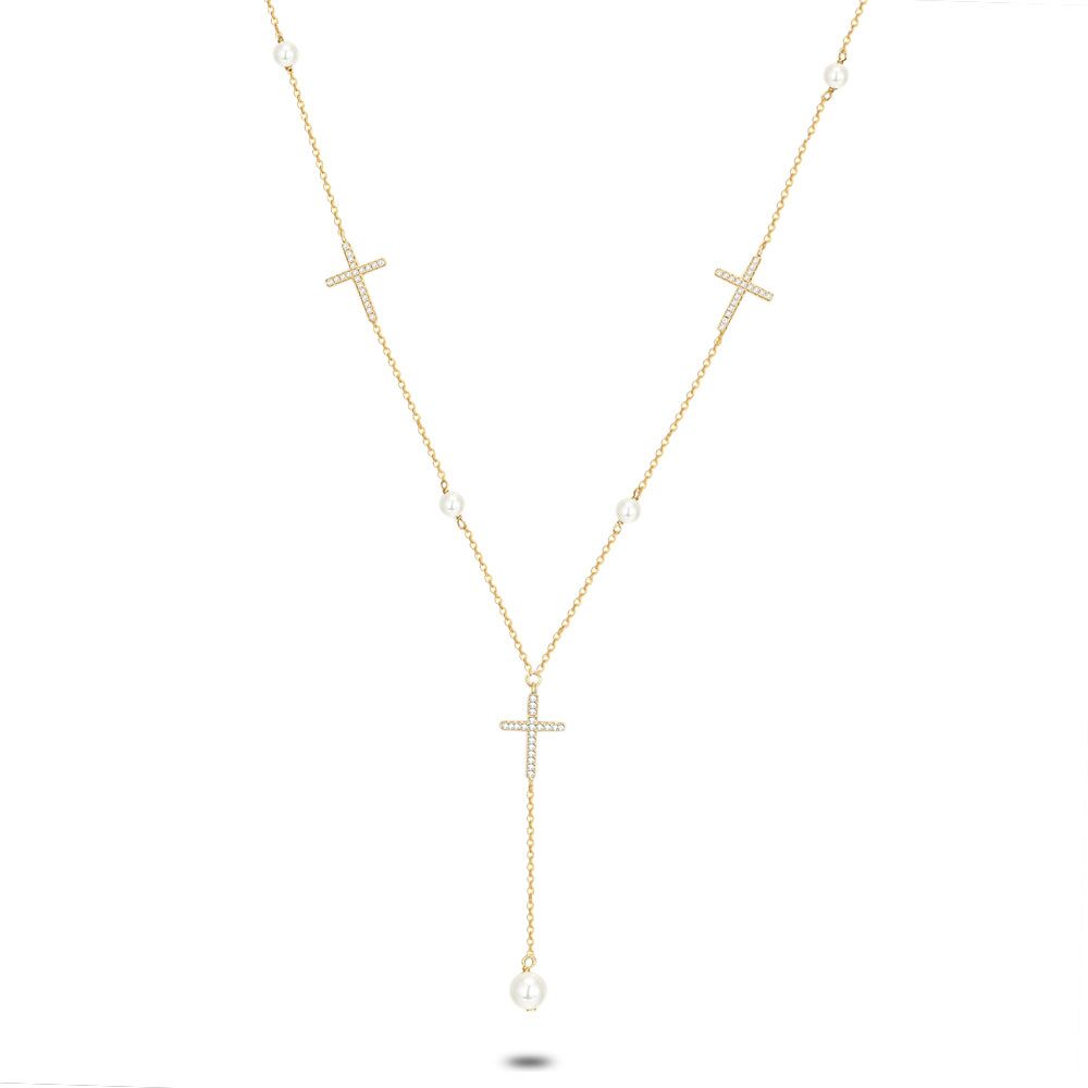 18Ct Gold Plated Silver Necklace, 5 Pearls, 3 Crosses, Zirconia