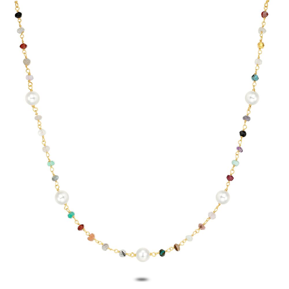 18Ct Gold Plated Silver Necklace, Multi-Coloured Crystals, 7 Pearls