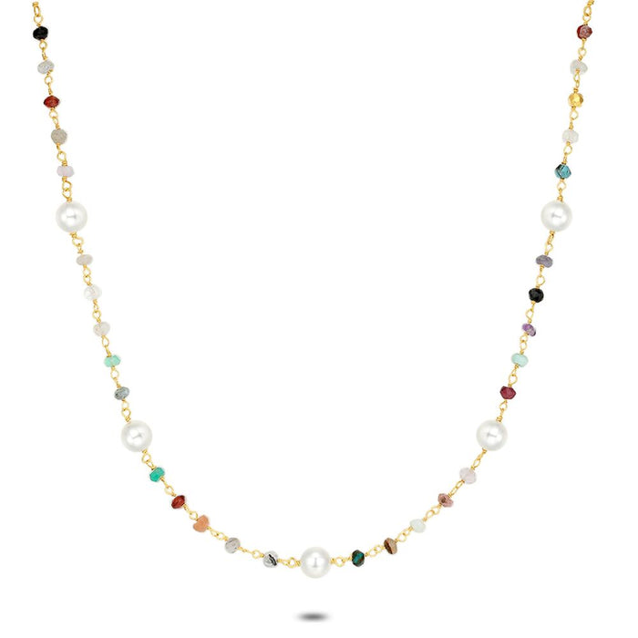 18Ct Gold Plated Silver Necklace, Multi-Coloured Crystals, 7 Pearls