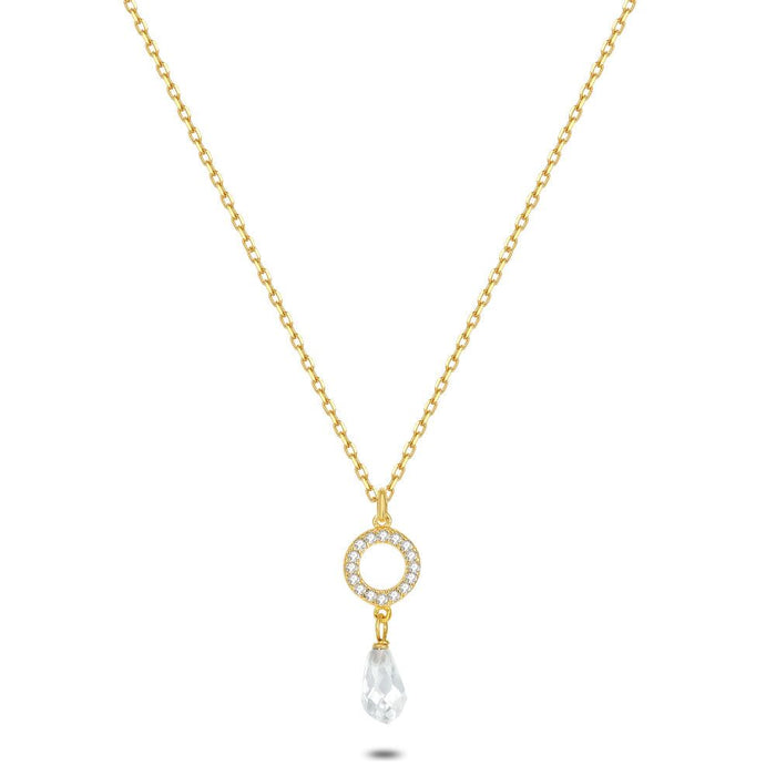 18Ct Gold Plated Silver Necklace, Circle In Zirconia, Drop In Crystal