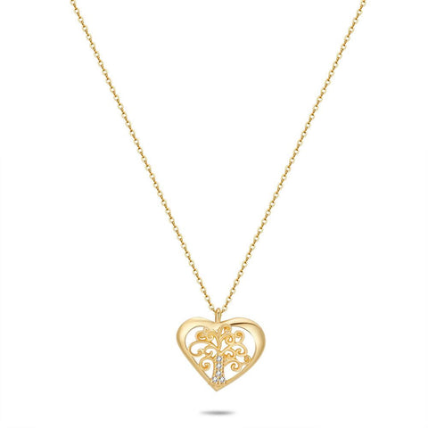 18Ct Gold Plated Silver Necklace, Heart With Tree Of Life, Zirconia
