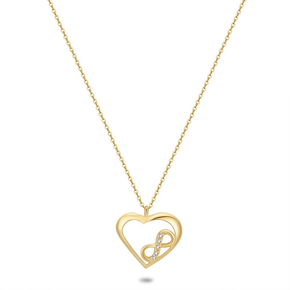 18Ct Gold Plated Silver Necklace, Open Heart With Infinity And Zirkonia