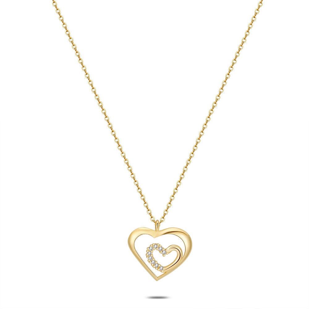 18Ct Gold Plated Silver Necklace, Open Heart, Small Heart With Zirconia