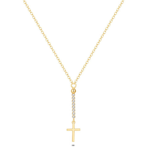 18Ct Gold Plated Silver Necklace, Cross, Dangling Zirconia