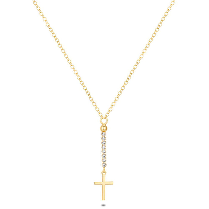 18Ct Gold Plated Silver Necklace, Cross, Dangling Zirconia