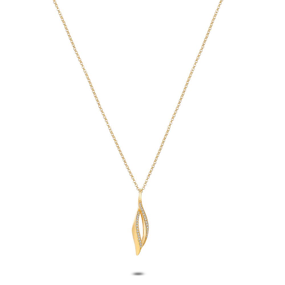 18Ct Gold Plated Silver Necklace, Open Leaf With Zirconia