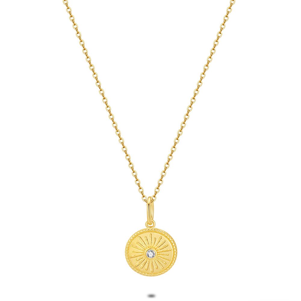 18Ct Gold Plated Silver Necklace, Round, Sun, Zirconia