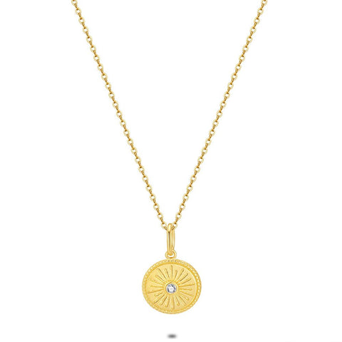 18Ct Gold Plated Silver Necklace, Round, Sun, Zirconia