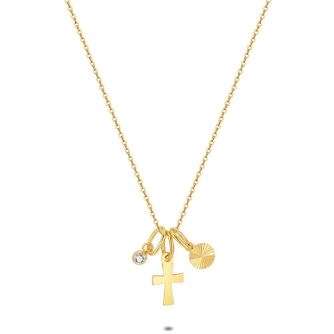 18Ct Gold Plated Silver Necklace, Cross, Zirconia, Round