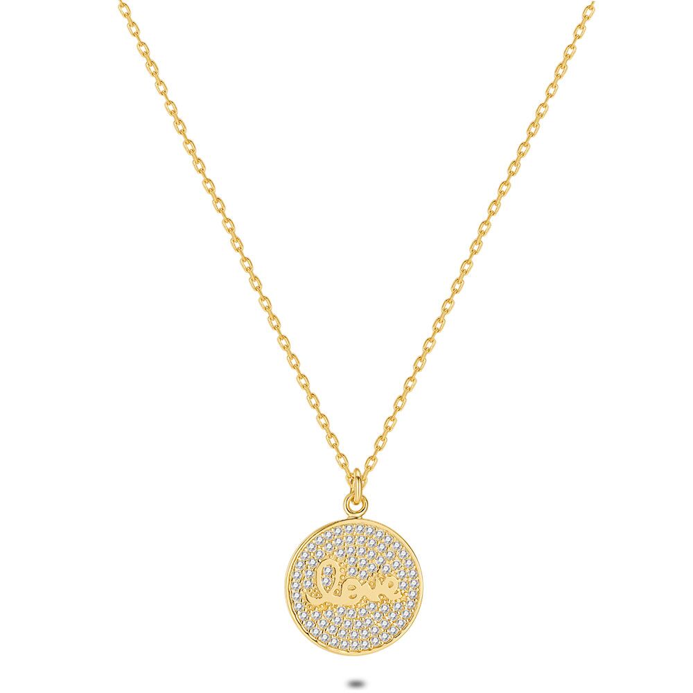 18Ct Gold Plated Silver Necklace, Round With Zirconia, Love