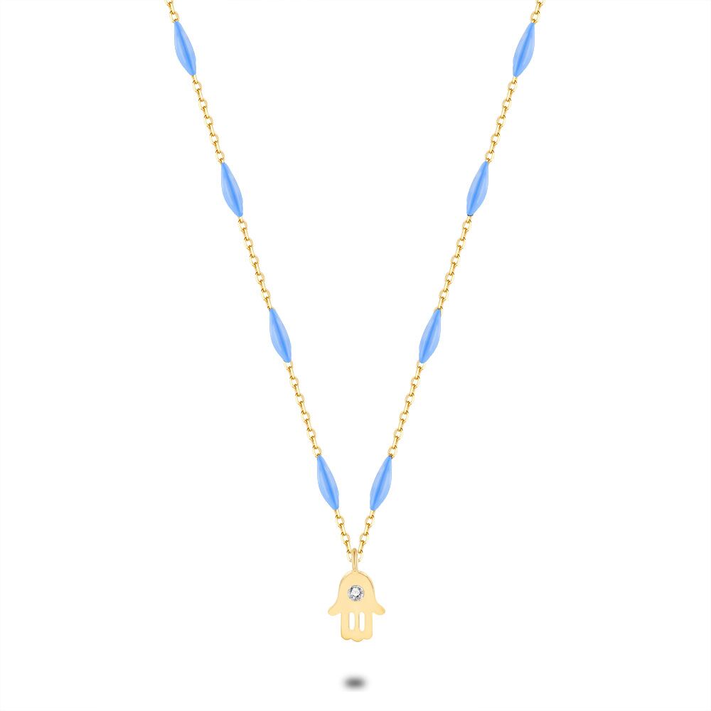 18Ct Gold Plated Silver Necklace, Hand With Zirconia, Blue Enamel