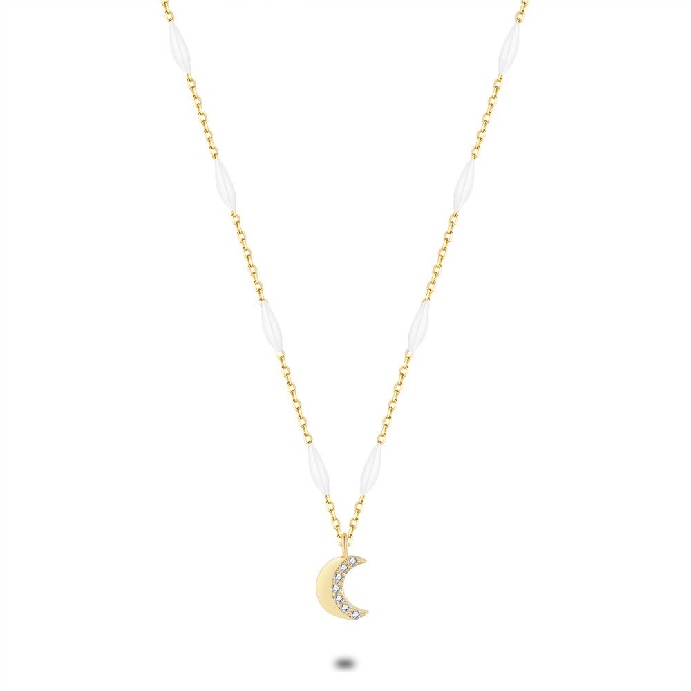 18Ct Gold Plated Silver Necklace, Moon With Zirconia, White Enamel