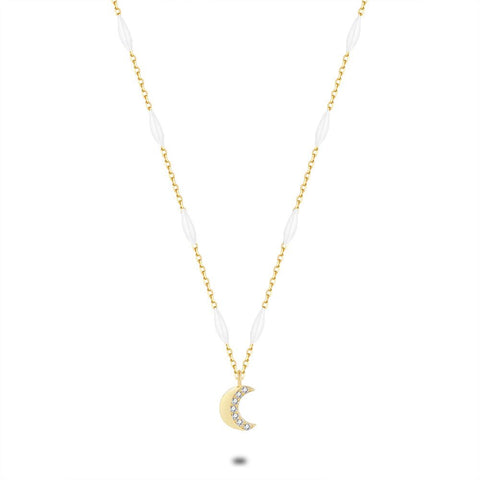18Ct Gold Plated Silver Necklace, Moon With Zirconia, White Enamel