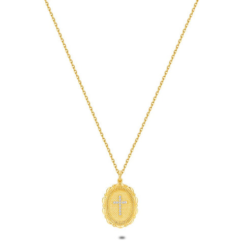 18Ct Gold Plated Silver Necklace, Oval With Cross, Zirconia