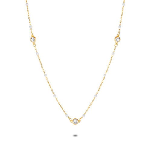 18Ct Gold Plated Silver Necklace, White Enamel Dots, 5 Zirconia