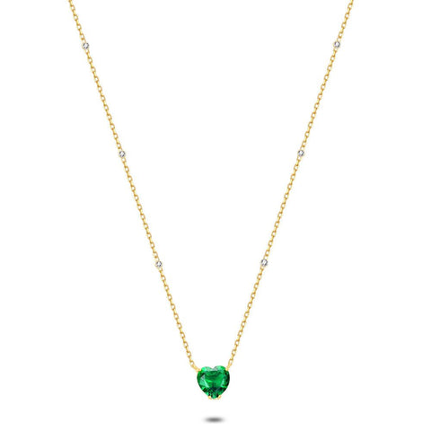 18Ct Gold Plated Silver Necklace, Green Heart In Zirconia, Tiny White Zirconia