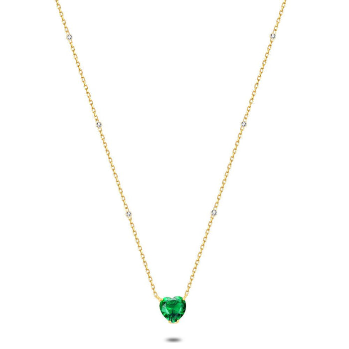 18Ct Gold Plated Silver Necklace, Green Heart In Zirconia, Tiny White Zirconia