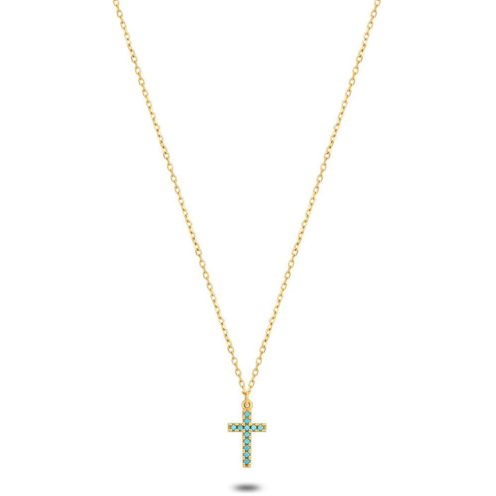 18Ct Gold Plated Silver Necklace, Cross, Turquoise Zirconia