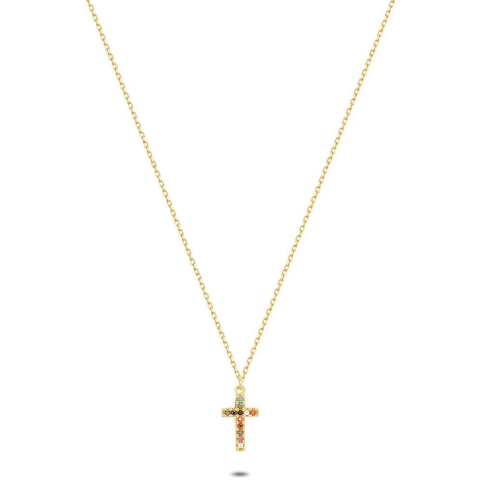 18Ct Gold Plated Silver Necklace, Cross In Multi-Colored Zirconia