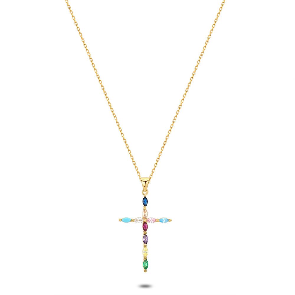 18Ct Gold Plated Silver Necklace, Cross, Zirconia, Multi-Colored