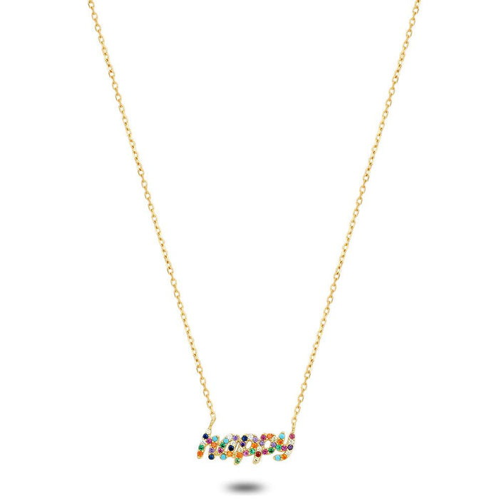 18Ct Gold Plated Silver Necklace, Happy, Zirconia, Multi-Colored