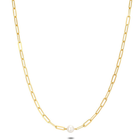 18Ct Gold Plated Silver Necklace, Oval Links, 1 Pearl