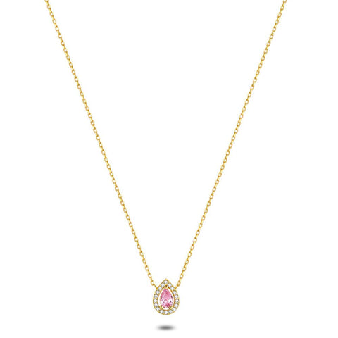 18Ct Gold Plated Silver Necklace, Drop, White And Pink Zirconia
